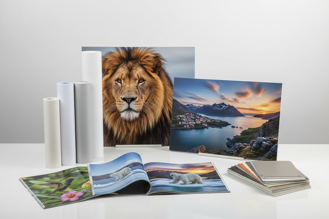 An image of several varied types of commercial printing papers and substrates arranged on a table top. Some are rolls of paper, some are magazines, some are larger prints.
Do not show any text written on the substrates, just clear, coherent images like nature, wildlife, or travel photographs. Do not include any other items or tools.